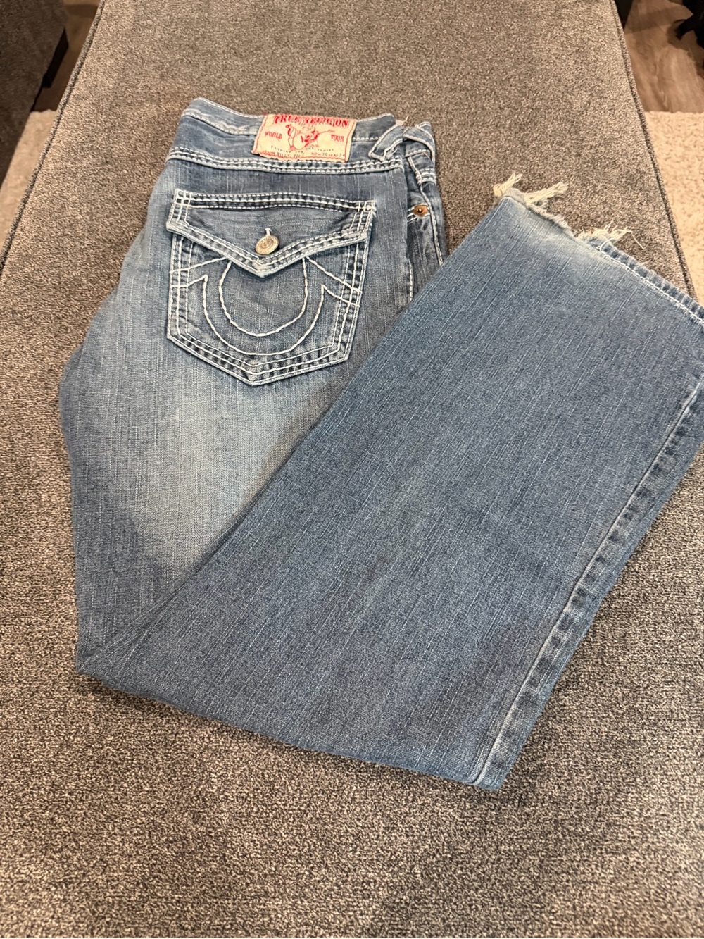 True Religion Men’s Light Blue Boot Cut Jeans with Signature Pocket